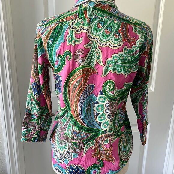 Ralph Lauren Green and Pink Cotton Paisley 3/4 Sleeve Button Down Shirt - Picture 6 of 7